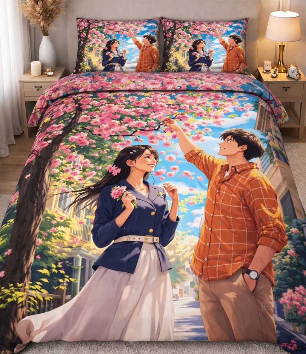 Premhilsha Sakura Romance 11D Premium Bedsheet – 3 Pcs Set (90x90 Inch) | Cotton Blend | Double Bed Size