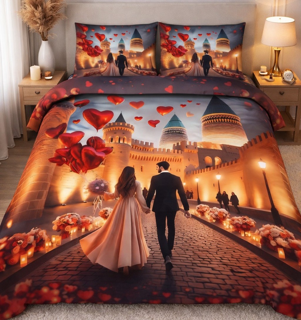 Premhilsha Royal Love Walk 11D Premium Bedsheet – 3 Pcs Set (90x90 Inch) | Cotton Blend | Double Bed Size