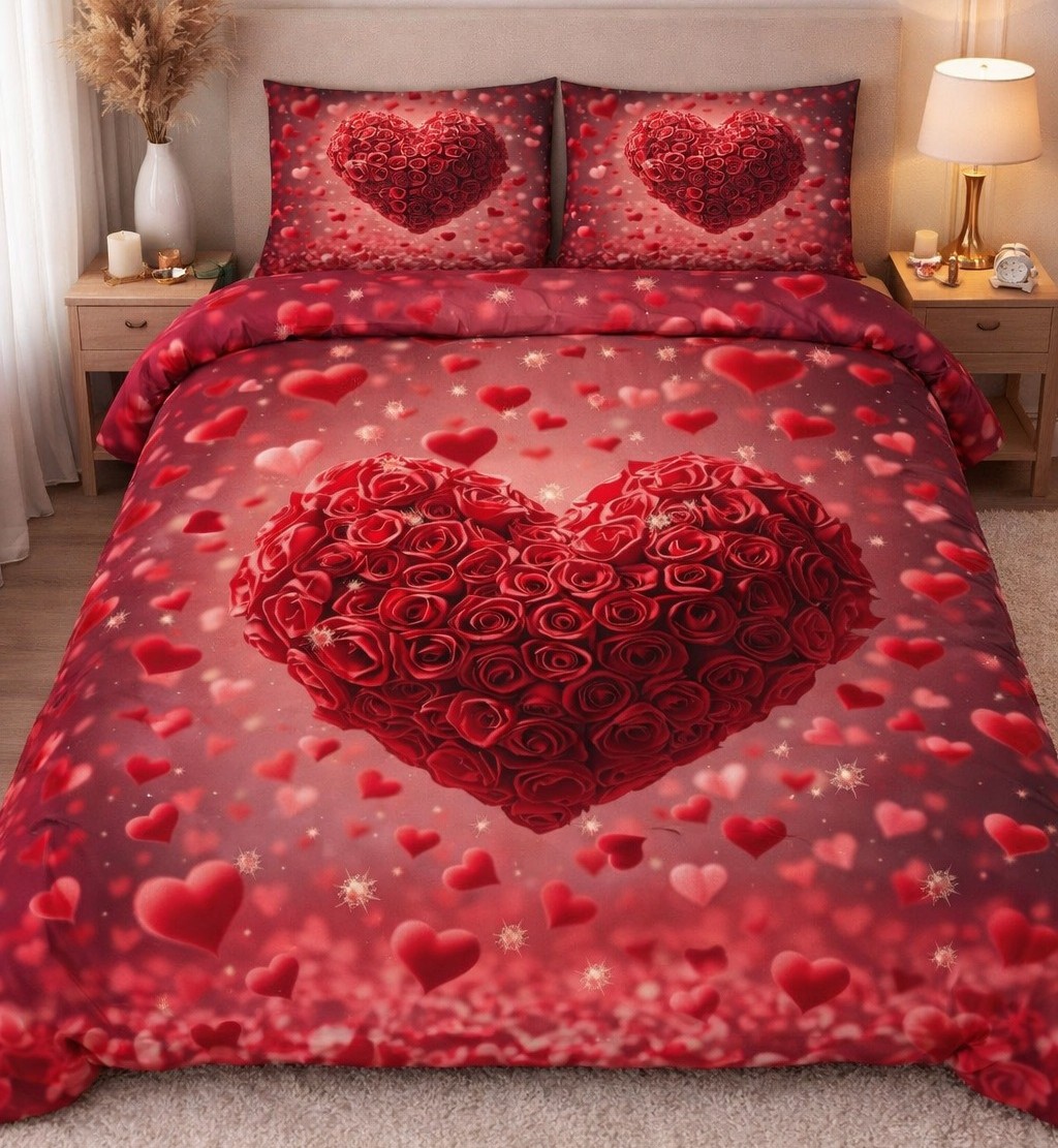 Premhilsha Rose Heart Fantasy 11D Premium Bedsheet – 3 Pcs Set (90x90 Inch) | Cotton Blend | Double Bed Size